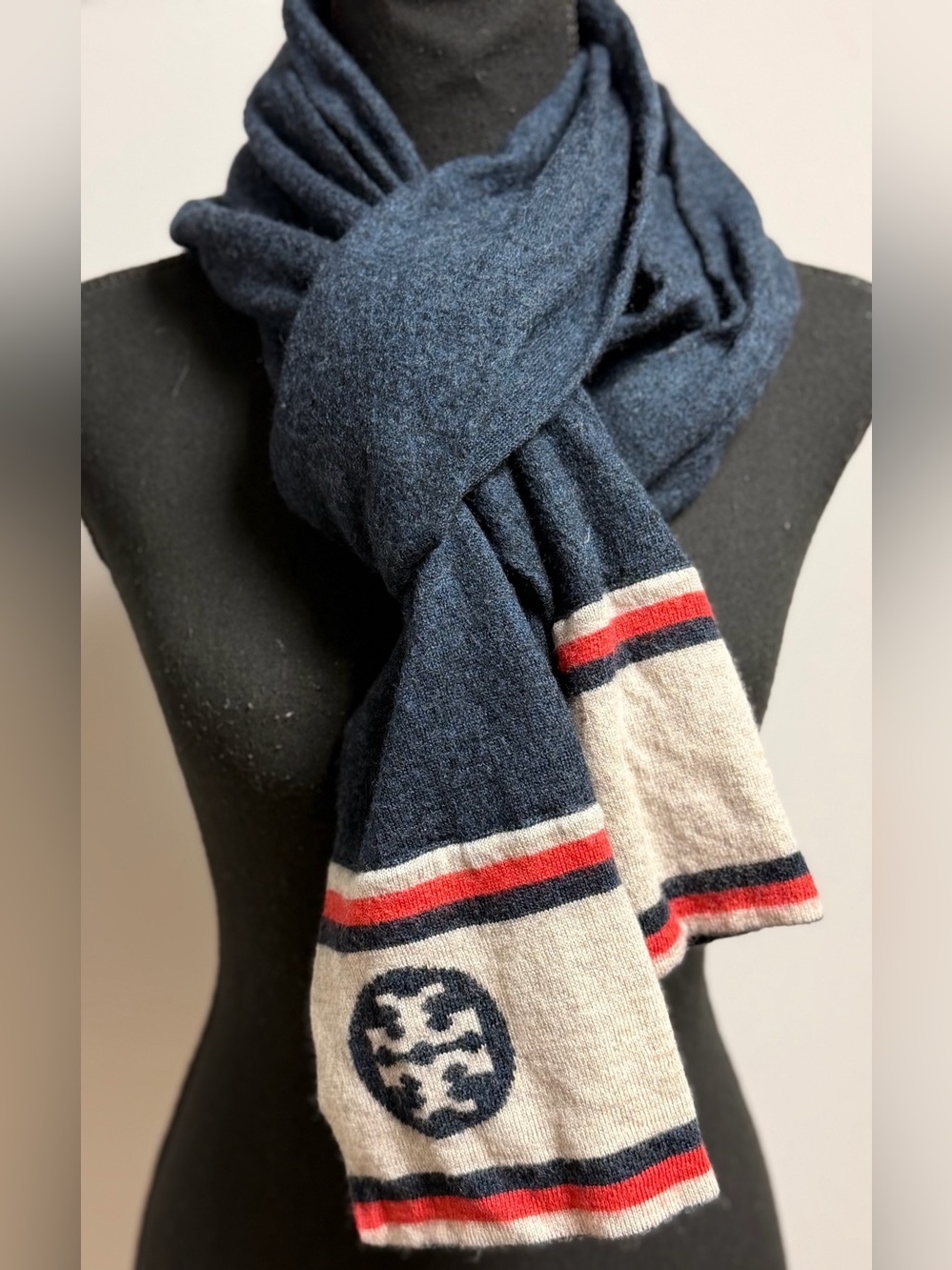 Tory Burch Merino Wool Striped Scarf Navy Blue Red T Logo Classic Winter Knit